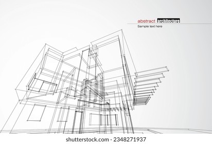 Architecture design layout of building in wireframe mode and gradient color background. Extended lines and linear forms of simple shape in various color. Straight line of transparent structure