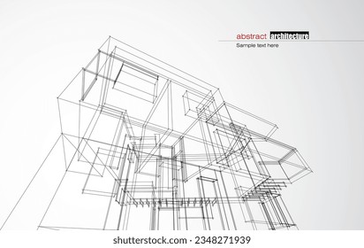 Architecture design layout of building in wireframe mode and gradient color background. Extended lines and linear forms of simple shape in various color. Straight line of transparent structure