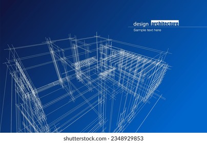 Architecture design layout of building in wireframe mode and gradient color background. Extended lines and linear forms of simple shape in various color. Straight line of transparent structure