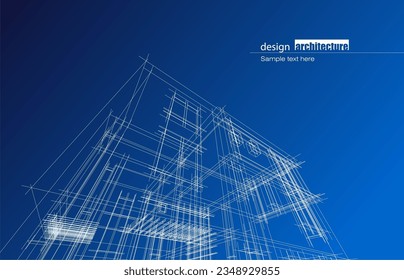 Architecture design layout of building in wireframe mode and gradient color background. Extended lines and linear forms of simple shape in various color. Straight line of transparent structure