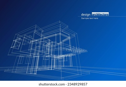 Architecture design layout of building in wireframe mode and gradient color background. Extended lines and linear forms of simple shape in various color. Straight line of transparent structure