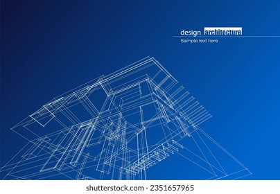 Architecture design layout of building in wireframe mode and gradient color background. Extended lines and linear forms of simple shape in various color. Straight line of transparent structure