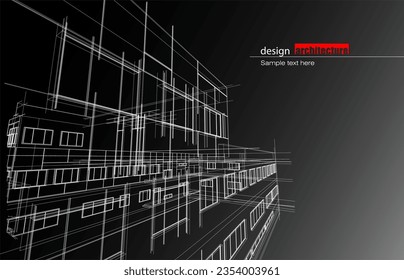 Architecture design layout of building in wireframe mode and gradient color background. Extended lines and linear forms of simple shape in various color. Straight line of transparent structure