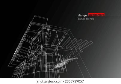 Architecture design layout of building in wireframe mode and gradient color background. Extended lines and linear forms of simple shape in various color. Straight line of transparent structure