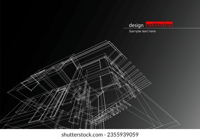 Architecture design layout of building in wireframe mode and gradient color background. Extended lines and linear forms of simple shape in various color. Straight line of transparent structure