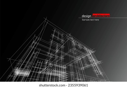 Architecture design layout of building in wireframe mode and gradient color background. Extended lines and linear forms of simple shape in various color. Straight line of transparent structure