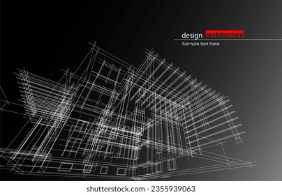 Architecture design layout of building in wireframe mode and gradient color background. Extended lines and linear forms of simple shape in various color. Straight line of transparent structure
