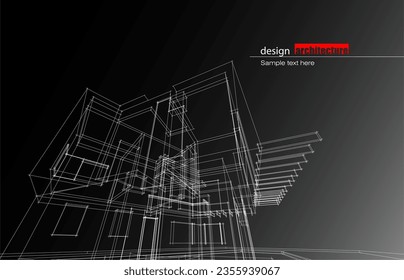 Architecture design layout of building in wireframe mode and gradient color background. Extended lines and linear forms of simple shape in various color. Straight line of transparent structure