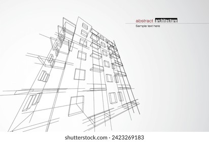 Architecture design layout of building in wireframe mode and gradient color background. Extended lines and linear forms of simple shape in various color. Straight line of transparent structure