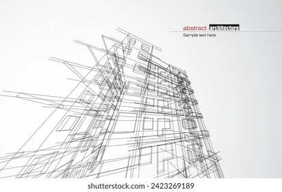 Architecture design layout of building in wireframe mode and gradient color background. Extended lines and linear forms of simple shape in various color. Straight line of transparent structure