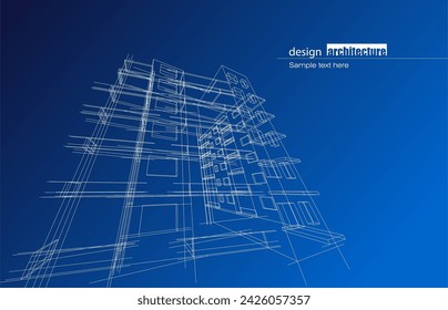 Architecture design layout of building in wireframe mode and gradient color background. Extended lines and linear forms of simple shape in various color. Straight line of transparent structure
