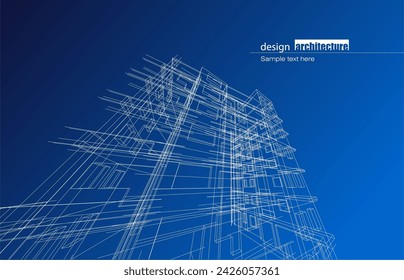 Architecture design layout of building in wireframe mode and gradient color background. Extended lines and linear forms of simple shape in various color. Straight line of transparent structure