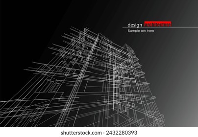 Architecture design layout of building in wireframe mode and gradient color background. Extended lines and linear forms of simple shape in various color. Straight line of transparent structure