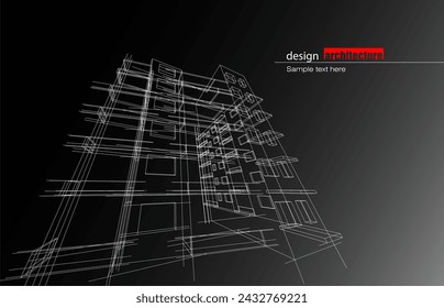 Architecture design layout of building in wireframe mode and gradient color background. Extended lines and linear forms of simple shape in various color. Straight line of transparent structure