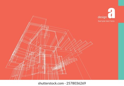 Architecture design layout of building in wireframe mode and gradient color background. Extended lines and linear forms of simple shape in various color. Straight line of transparent structure