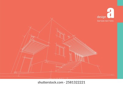Architecture design layout of building in wireframe mode and gradient color background. Extended lines and linear forms of simple shape in various color. Straight line of transparent structure
