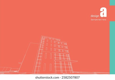 Architecture design layout of building in wireframe mode and gradient color background. Extended lines and linear forms of simple shape in various color. Straight line of transparent structure