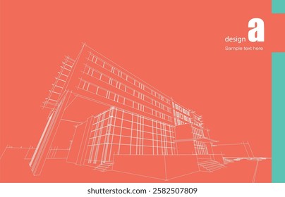 Architecture design layout of building in wireframe mode and gradient color background. Extended lines and linear forms of simple shape in various color. Straight line of transparent structure