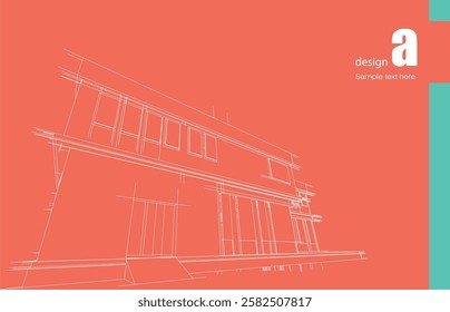 Architecture design layout of building in wireframe mode and gradient color background. Extended lines and linear forms of simple shape in various color. Straight line of transparent structure
