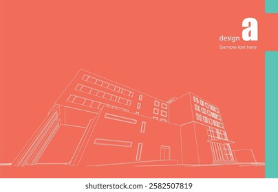 Architecture design layout of building in wireframe mode and gradient color background. Extended lines and linear forms of simple shape in various color. Straight line of transparent structure