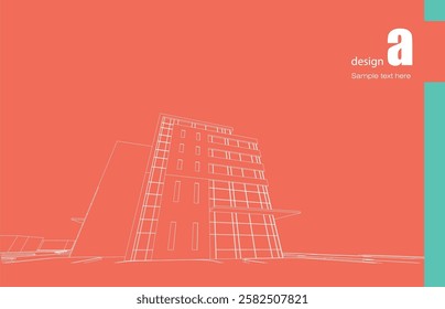 Architecture design layout of building in wireframe mode and gradient color background. Extended lines and linear forms of simple shape in various color. Straight line of transparent structure
