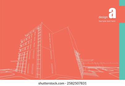 Architecture design layout of building in wireframe mode and gradient color background. Extended lines and linear forms of simple shape in various color. Straight line of transparent structure