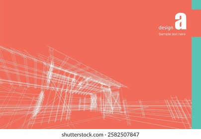 Architecture design layout of building in wireframe mode and gradient color background. Extended lines and linear forms of simple shape in various color. Straight line of transparent structure