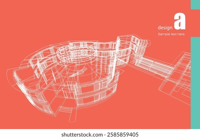 Architecture design layout of building in wireframe mode and gradient color background. Extended lines and linear forms of simple shape in various color. Straight line of transparent structure