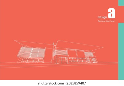 Architecture design layout of building in wireframe mode and gradient color background. Extended lines and linear forms of simple shape in various color. Straight line of transparent structure
