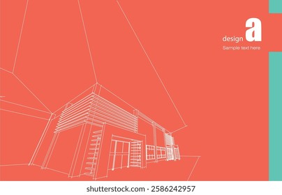 Architecture design layout of building in wireframe mode and gradient color background. Extended lines and linear forms of simple shape in various color. Straight line of transparent structure