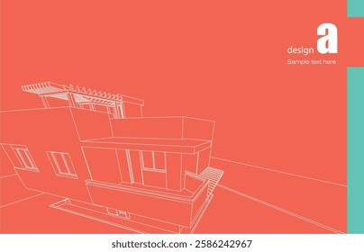 Architecture design layout of building in wireframe mode and gradient color background. Extended lines and linear forms of simple shape in various color. Straight line of transparent structure