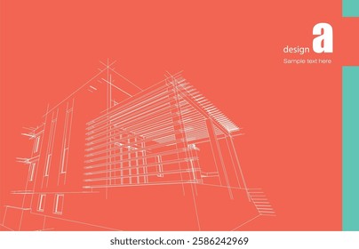 Architecture design layout of building in wireframe mode and gradient color background. Extended lines and linear forms of simple shape in various color. Straight line of transparent structure