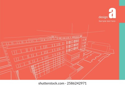 Architecture design layout of building in wireframe mode and gradient color background. Extended lines and linear forms of simple shape in various color. Straight line of transparent structure