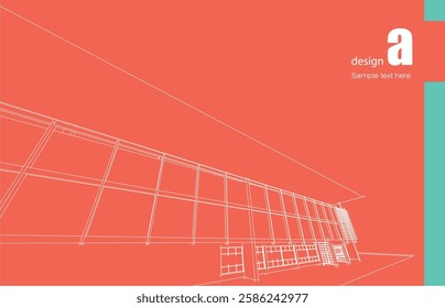 Architecture design layout of building in wireframe mode and gradient color background. Extended lines and linear forms of simple shape in various color. Straight line of transparent structure