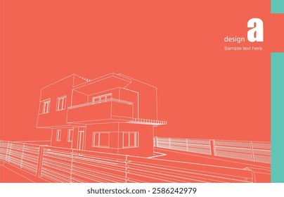 Architecture design layout of building in wireframe mode and gradient color background. Extended lines and linear forms of simple shape in various color. Straight line of transparent structure