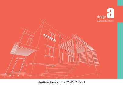 Architecture design layout of building in wireframe mode and gradient color background. Extended lines and linear forms of simple shape in various color. Straight line of transparent structure