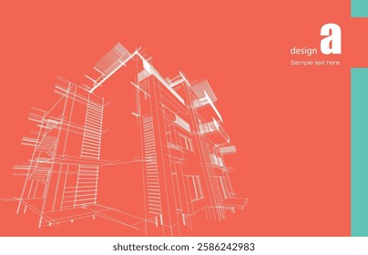Architecture design layout of building in wireframe mode and gradient color background. Extended lines and linear forms of simple shape in various color. Straight line of transparent structure