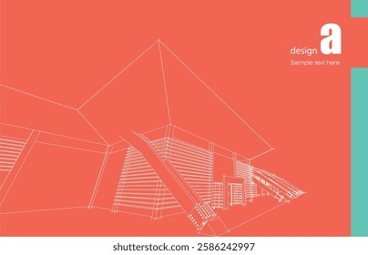 Architecture design layout of building in wireframe mode and gradient color background. Extended lines and linear forms of simple shape in various color. Straight line of transparent structure