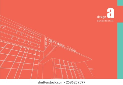 Architecture design layout of building in wireframe mode and gradient color background. Extended lines and linear forms of simple shape in various color. Straight line of transparent structure