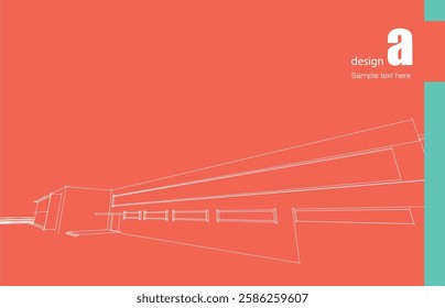 Architecture design layout of building in wireframe mode and gradient color background. Extended lines and linear forms of simple shape in various color. Straight line of transparent structure
