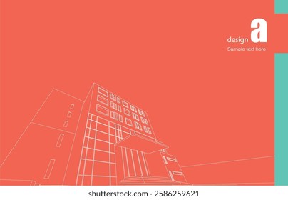 Architecture design layout of building in wireframe mode and gradient color background. Extended lines and linear forms of simple shape in various color. Straight line of transparent structure
