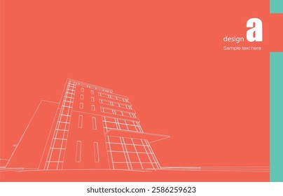 Architecture design layout of building in wireframe mode and gradient color background. Extended lines and linear forms of simple shape in various color. Straight line of transparent structure