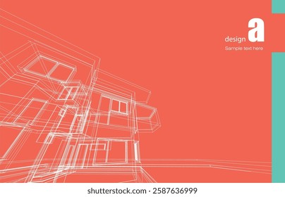  Architecture design layout of building in wireframe mode and gradient color background. Extended lines and linear forms of simple shape in various color. Straight line of transparent structure