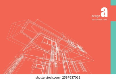  Architecture design layout of building in wireframe mode and gradient color background. Extended lines and linear forms of simple shape in various color. Straight line of transparent structure