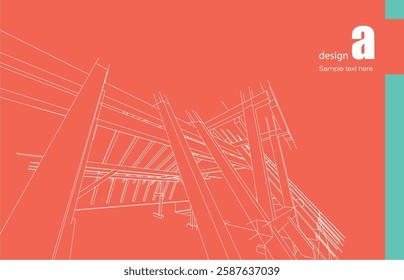  Architecture design layout of building in wireframe mode and gradient color background. Extended lines and linear forms of simple shape in various color. Straight line of transparent structure