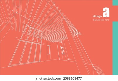 Architecture design layout of building in wireframe mode and gradient color background. Extended lines and linear forms of simple shape in various color. Straight line of transparent structure