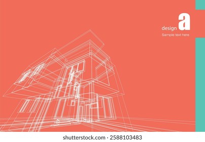 Architecture design layout of building in wireframe mode and gradient color background. Extended lines and linear forms of simple shape in various color. Straight line of transparent structure