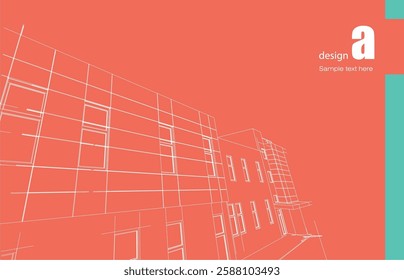 Architecture design layout of building in wireframe mode and gradient color background. Extended lines and linear forms of simple shape in various color. Straight line of transparent structure