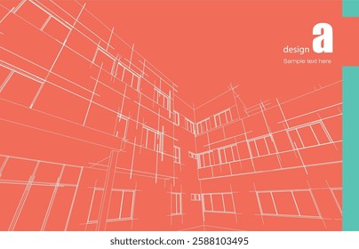 Architecture design layout of building in wireframe mode and gradient color background. Extended lines and linear forms of simple shape in various color. Straight line of transparent structure