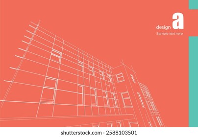 Architecture design layout of building in wireframe mode and gradient color background. Extended lines and linear forms of simple shape in various color. Straight line of transparent structure